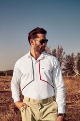 NM Blue and Red Striped White Formal Shirt | Full Sleeve | Regular Fit | Blended Cotton