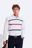 NM Horizontal Striped Semi Formal Shirt | Regular Fit | White Full Sleeve | Blended Cotton