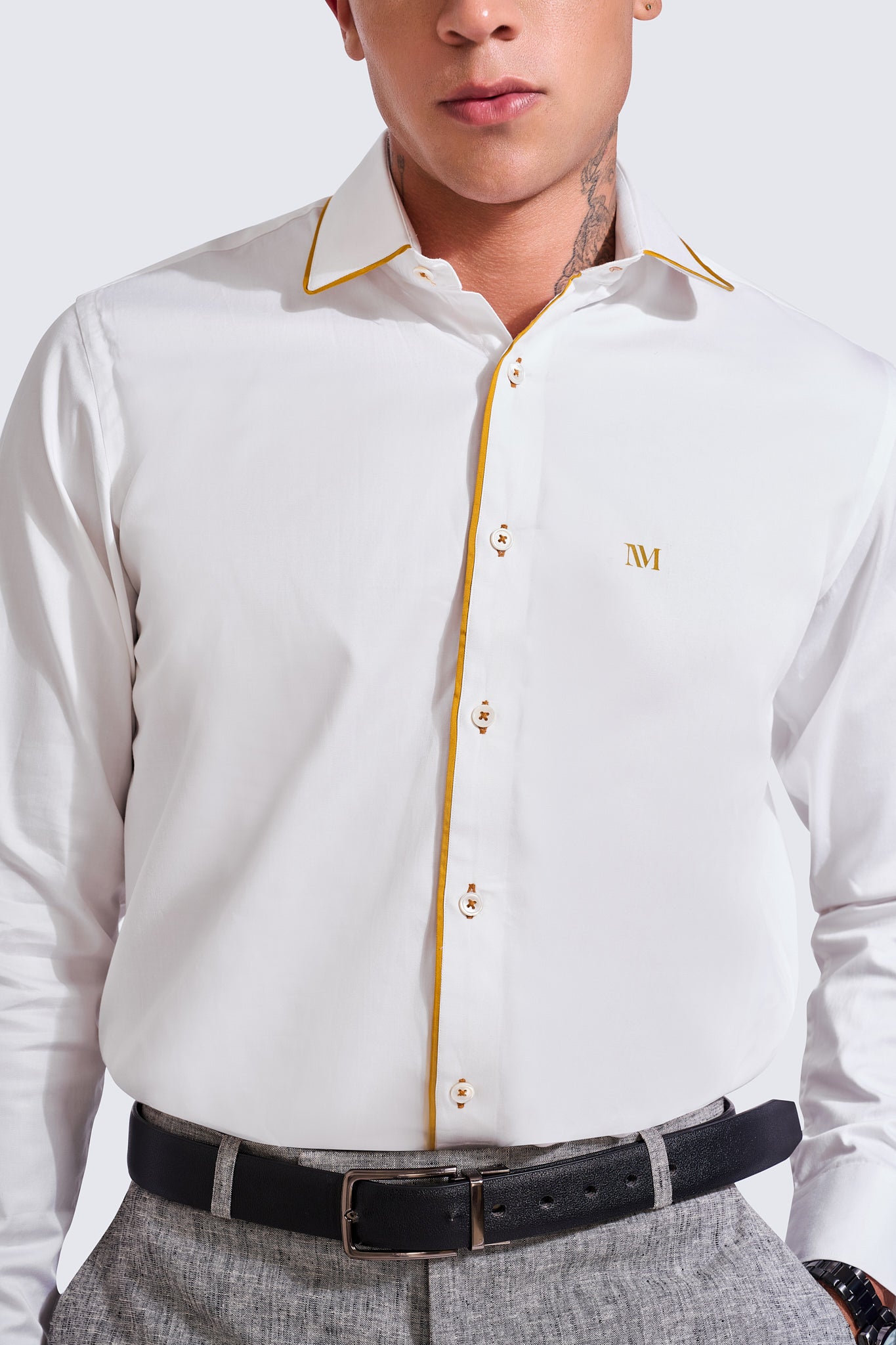 NM Solid White Piping Semi Formal Shirt