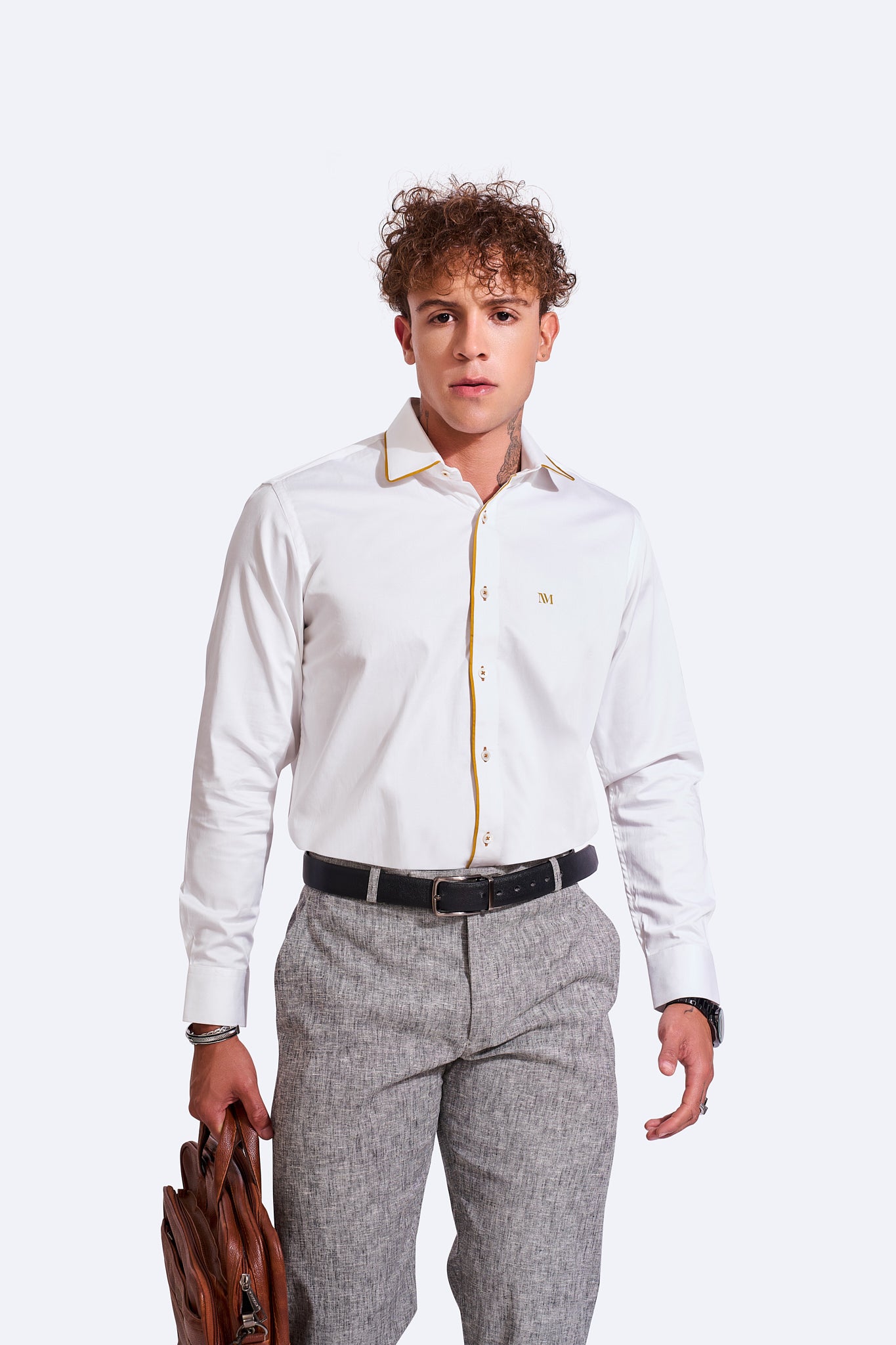 NM Solid White Piping Semi Formal Shirt