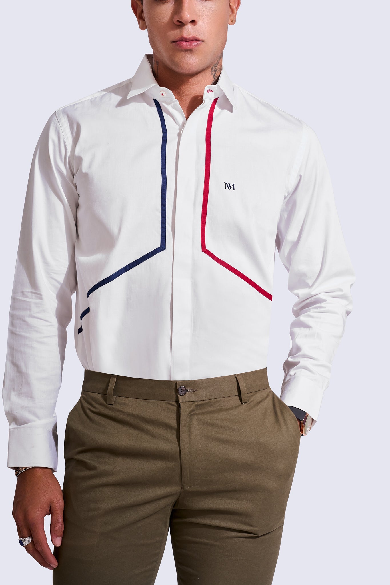 NM Blue And Red Front Piped White Formal Shirt